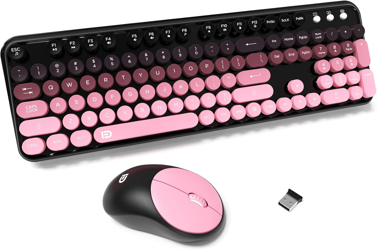 FD Wireless Keyboard and Mouse Combo - 2.4G Full-Sized Cute Colorful Mouse and Keyboard with 104 Round Keys Retro Typewriter Keyboards for Laptop/Windows/PC - Pink Gradient
