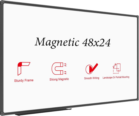 JILoffice Magnetic Whiteboard/White Board, Dry Erase Board 48 x 24 Inch, Black Aluminum Frame Wall Mounted Board for Office Home and School