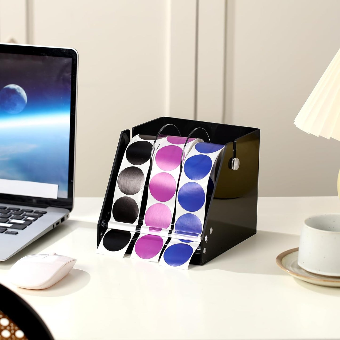 Adjustable Label Dispenser Acrylic Sticker Roll Dispenser Label Roll Holder Multi Use Sticker Holder Organizer Stand for School Gifts and Home Office Desktop (3 Disks)