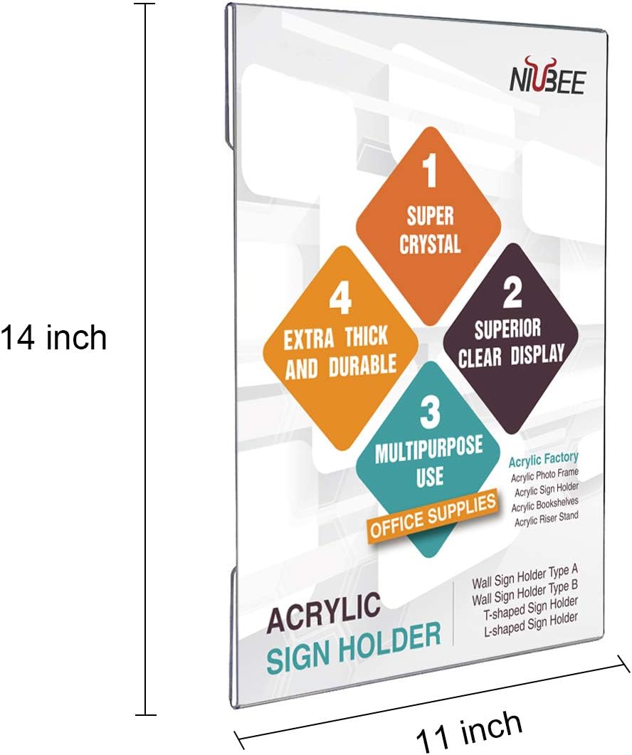 Niubee 11x14 inch Wall Mount Acrylic Sign Holder with Double Sided Adhesive Tape for Office, Home, Store, Restaurant, No Drilling - Vertical (6 Pack)