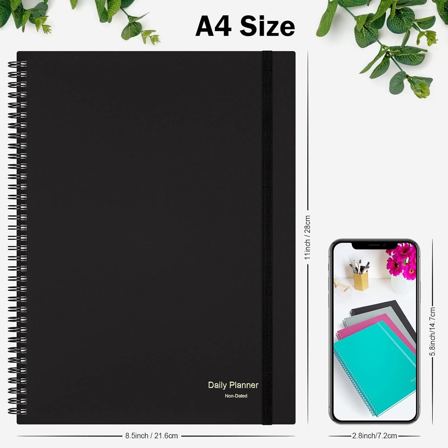 Planner Undated, Asten Daily Planner Agenda with To Do List, Hourly Schedules for Women and Men, Spiral Appointment Book with Elastic Closure, Inner Pocket 8.5" x 11" (Black)