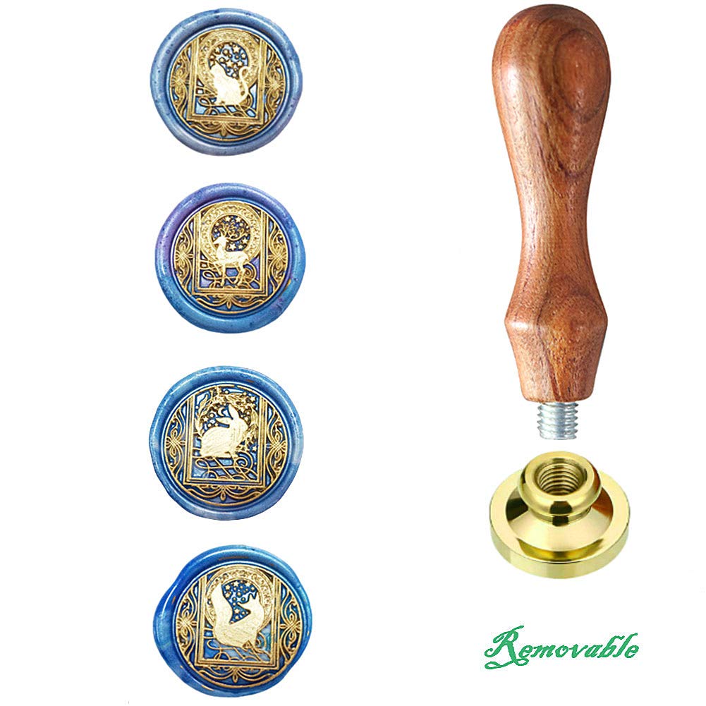 Starry Animal Wax Seal Stamp Set with 4 PCS Removable Brass Heads and 1 Wooden Handle - Retro Vintage Cat Deer Rabbit Fox Sealing Wax Stamp for Letter Cards Invitations