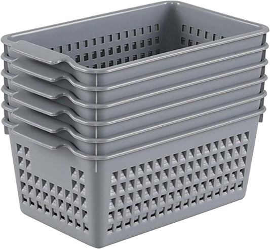 Plastic Storage Baskets, 6 Packs Shelf Kitchen Pantry Organizer Bins, Grey