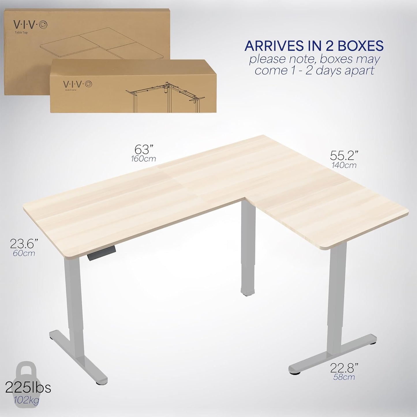 VIVO Electric Corner L-Shaped 63 x 55 in Standing Desk, Memory Height Adjustment, Light Wood Top Gray Frame, DESK-E3CTGC