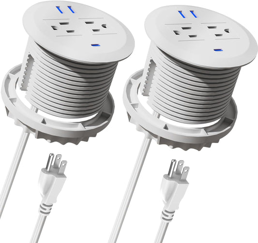 2PCS 3 Inch Desktop Power Grommet,10ft Cord,20W USB C Fast Charging Station,3-USB Port,Flush Mount.Round Recessed Power Strip Desk Hole Grommet Outlet for Workspace,Sofa,White