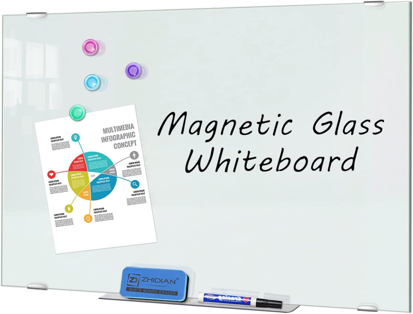 Glass Whiteboard 36x24 Magnetic Dry Erase White Board, Modern Tempered Glass Board for Wall, 3x2' Frameless Wall Hanging Mount Glassboard for Home Office School
