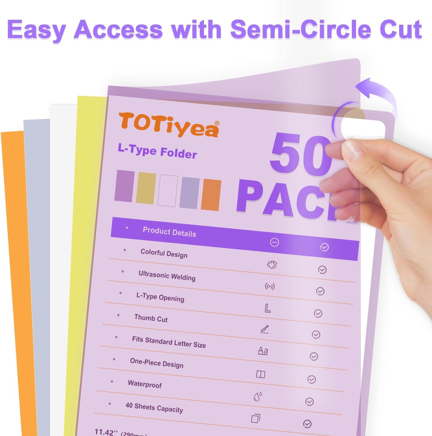 TOTiyea 50 Pack Clear Folder, Plastic L-Type Folders, Clear Colored Copy Safe Project Pocket, Fits Letter Size 8.5x11 Paper, Assorted Colors