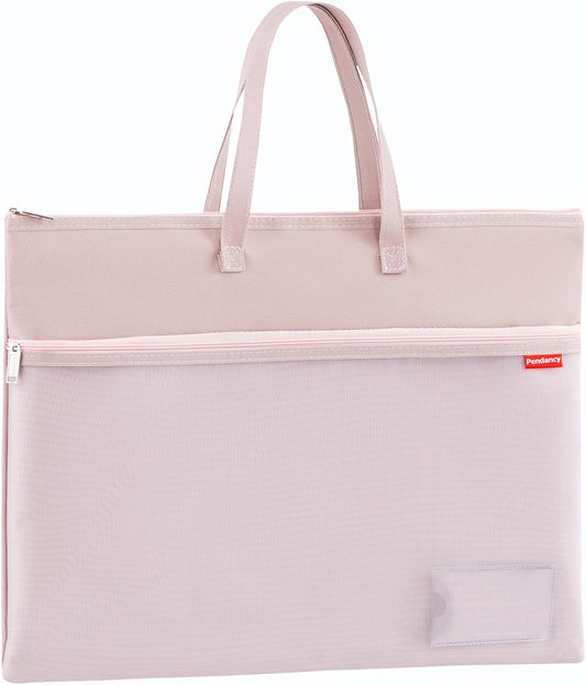 Pendancy Mesh Zipper Pouch A3 Size, Large Double Pocket Waterproof File Bag with Handle, 13x17 in Foldable Document Storage for Puzzle Project/Cross Stitch/Travel/Office（Advanced Pink）