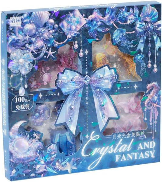 MAFELOE PET Scrapbook Stickers, 100 Sheets of Box Set, Aesthetic Deco Journaling Supplies for Junk Bullet Album Calendars Diary Planner- Crystal& Fantasy Series