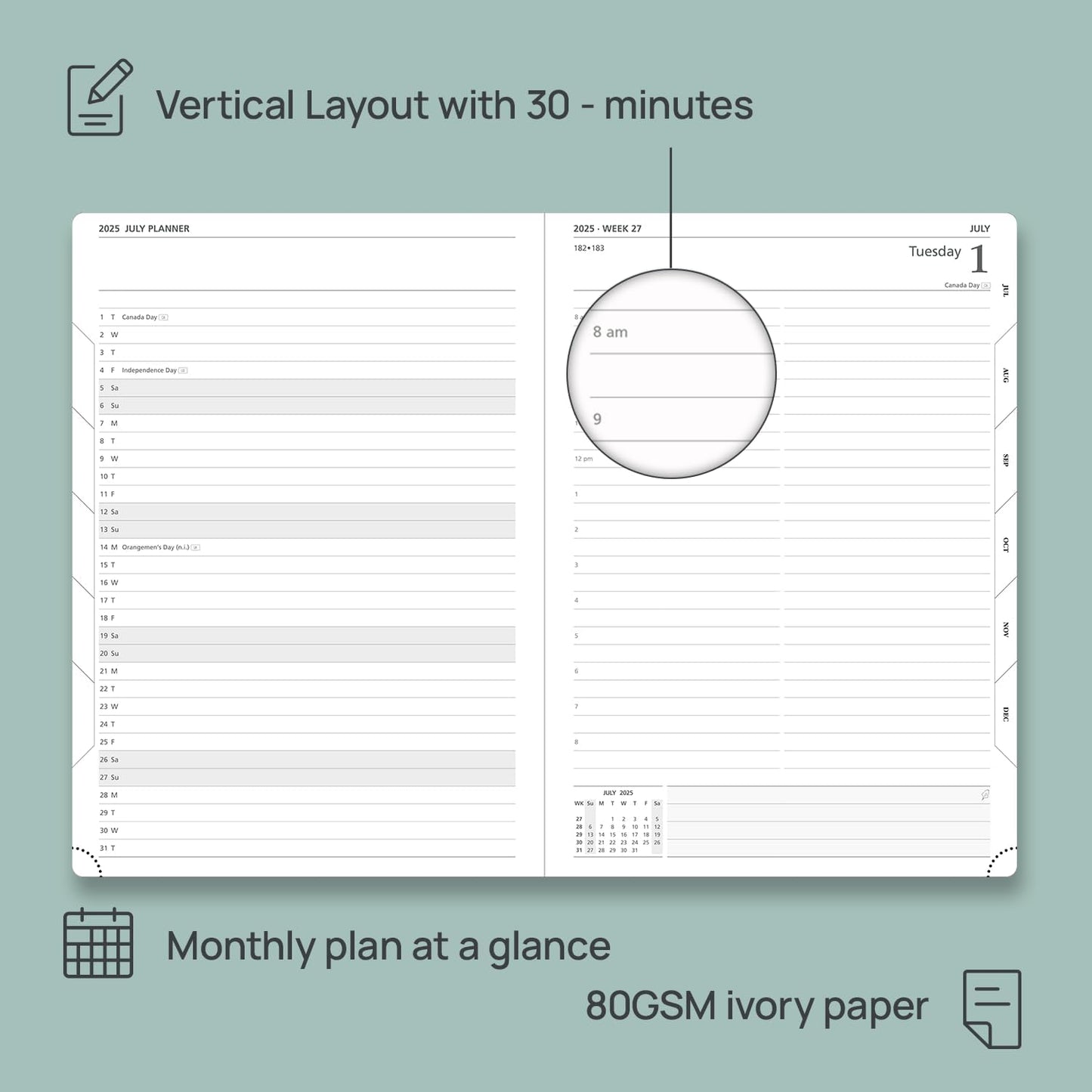 POPRUN 2025-2026 Daily Planner One Page Per Day (Large - 8.25'' x 12'') - Academic Calendar (July 2025 - June 2026), 2025 Day Appointment Book with Monthly Tabs, Hardcover - Haze Blue