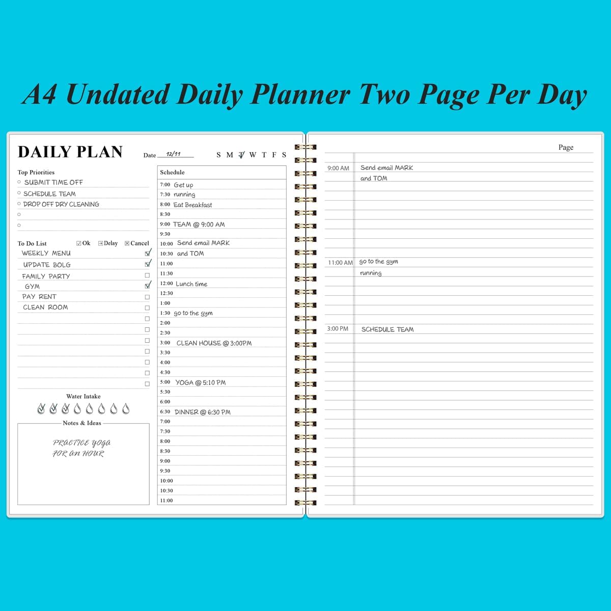 Daily Planner Undated - 8.5" x 11" To Do List Notebook Hourly Schedules, 150 Sheets/300 Pages Spiral Appointment Planner for Women and Men ,PVC Hardcover, Inner Pocket, Elastic Closure, Blue