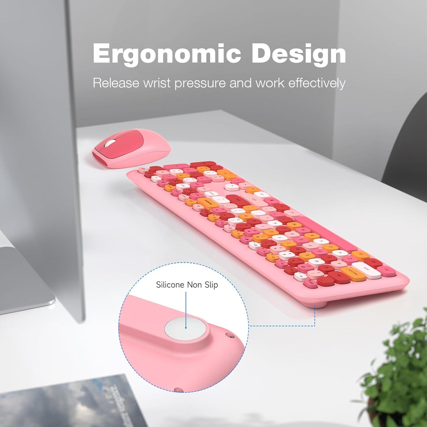 MOFII Wireless Keyboard and Mouse, Ergonomic Full Size Keyboard and Mouse Combo for Mac, Windows 7/8/10, Laptop, Desktop, PC, Computer (Pink Colorful)