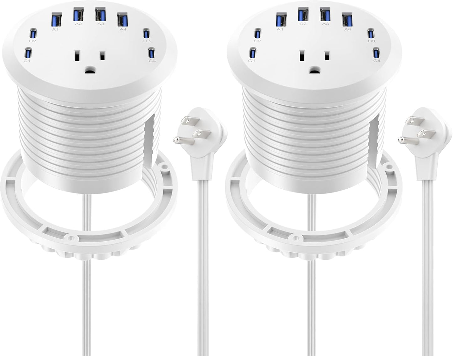 Jgstkcity 65W USB-C Hidden Desktop Power Grommet: 1 AC Outlet,8 USB Charging Ports,3'' Hole Flush Mount Pop-Up Power for Conference Tables & Nightstands (Whtie, 6 FT - 2PCS)