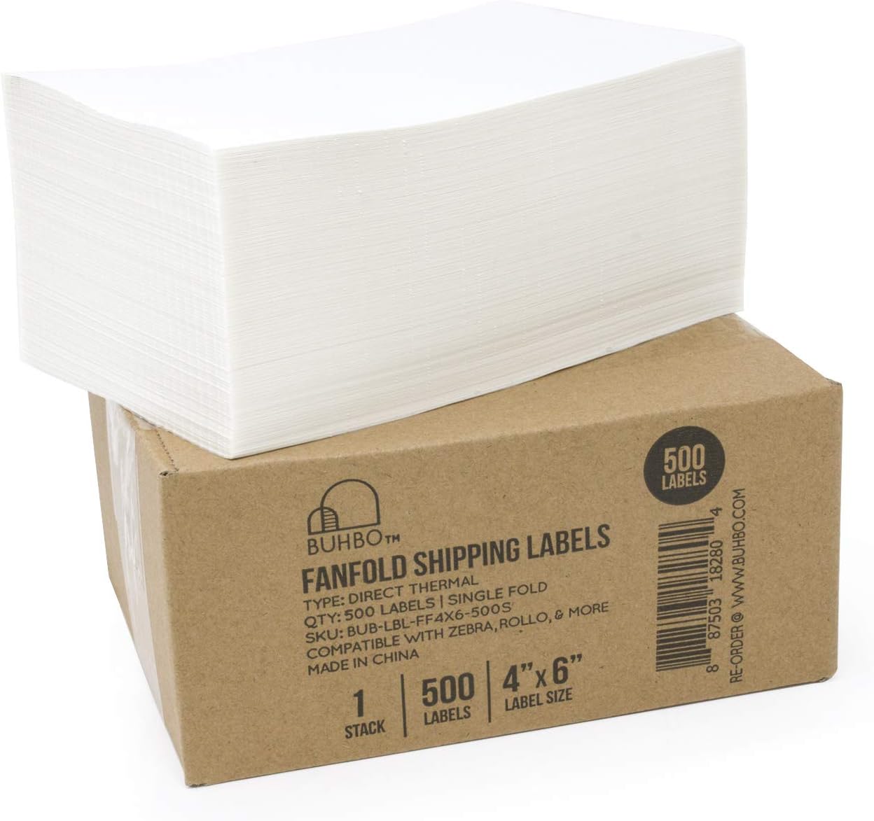 Buhbo 4" x 6" Direct Thermal Labels - Perforated BPA Free - Compatible with Zebra & Rollo Printer - Commercial Grade Shipping (500 Fanfold Labels)