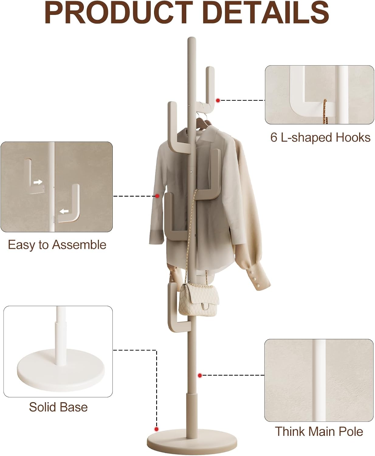 Solid Wood Cactus Coat Rack, Freestanding Coat Rack With 6 L-Shaped Hooks and 3 Adjustable Sizes, Coat Tree for Bedroom, Entryway, Livingroom, Coat Hanger Stand for Coats, Handbags (White)