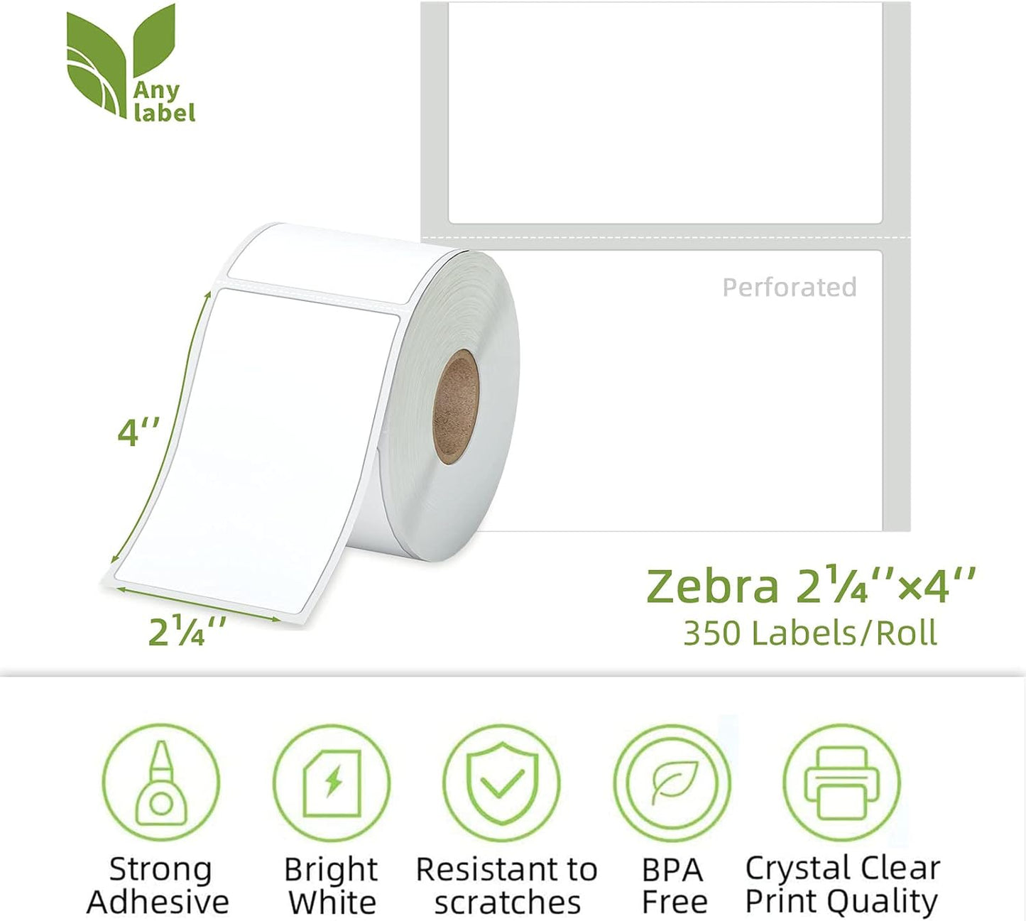 Compatible 2-1/4" x 4" Direct Thermal Labels Replacement for Barcodes Postage Address Shipping Compatible with Rollo & Zebra Desktop Printers Adhesive & Perforated (12 Rolls, 350 Labels/Roll)