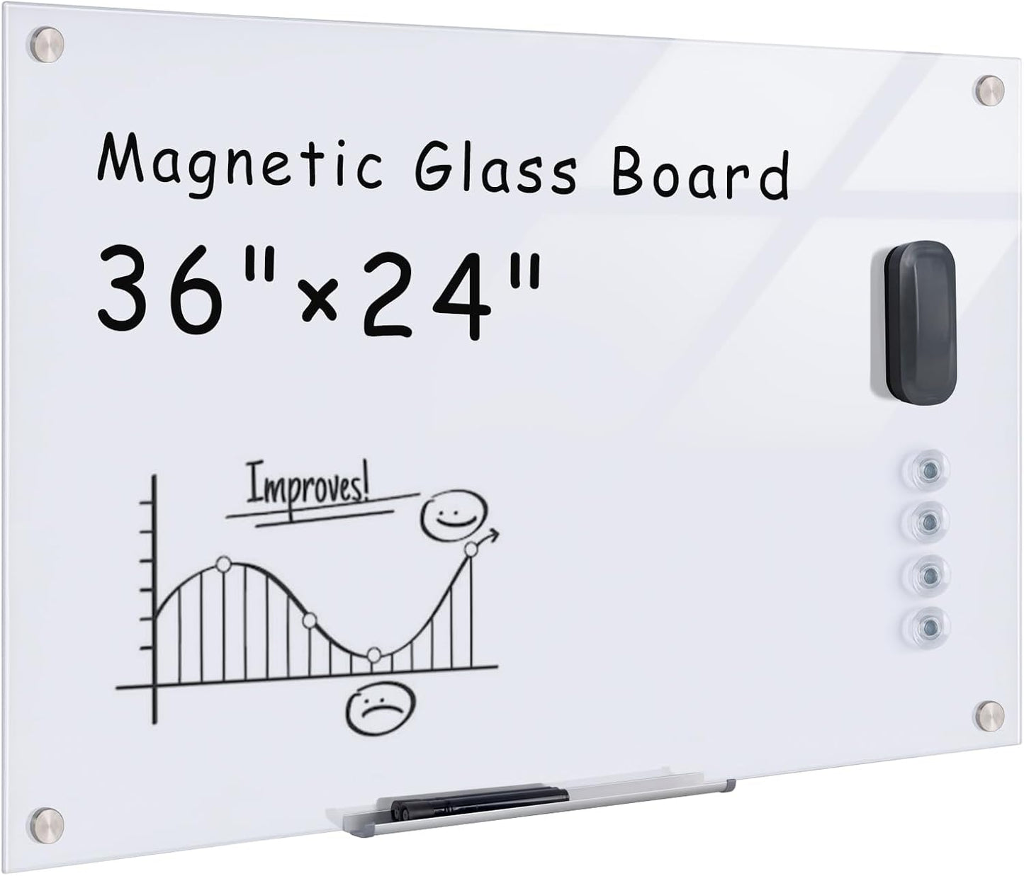 Magnetic Glass Whiteboard，36"x24" Wall Mounted Frameless Dry Erase Board for Office, Home & School Ultra White
