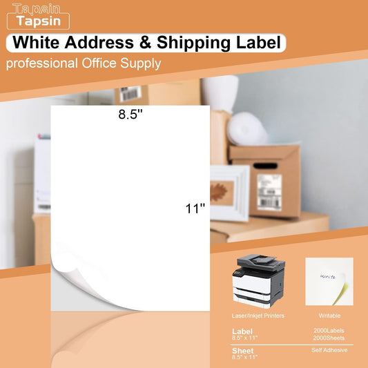 Full Sheet Labels 8.5 X 11, White Matte Sticker Paper, Laser/Inkjet Printing, 2000 Sheets, 2000 Labels, 1 Up Shipping Mailing Address Storage Bin Labels Stickers 8-1/2" x 11"
