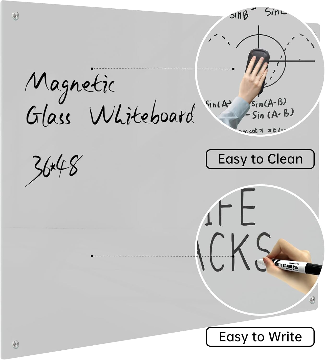 Magnetic Glass Dry Erase Board - White Board 48 x 36 Inch Wall Mounted Glass Whiteboard, Large Frameless Glass White Board for Wall Office, Home & School, Gray