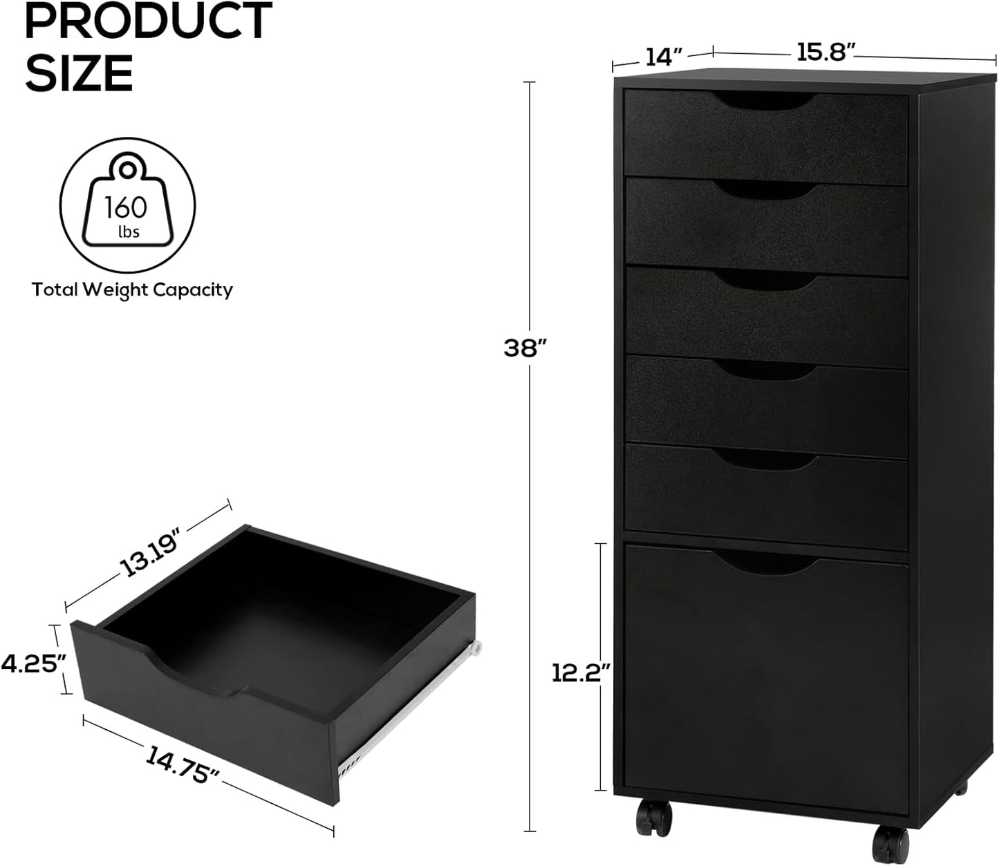 TUSY 5-Drawer Storage Cabinet, File Organizer with Caster Wheels, Chest of Drawers, Mobile File Cabinets, File Cabinets for Home Office, Under Desk Cabinet, Organization and Storage for Office, Black