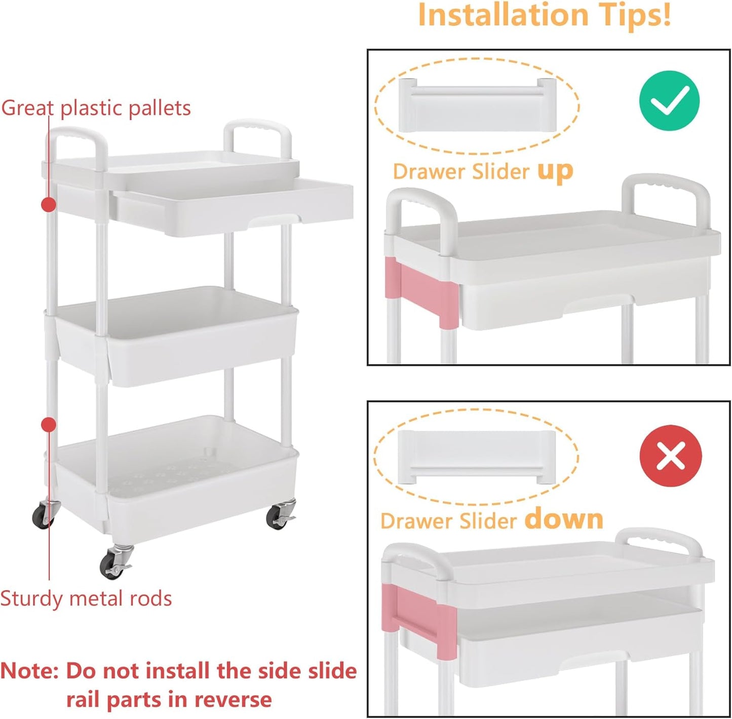 Calmootey 3-Tier Rolling Utility Cart with Drawer,Multifunctional Storage Organizer with Plastic Shelf & Metal Wheels,Storage Cart for Kitchen,Bathroom,Living Room,Office,White