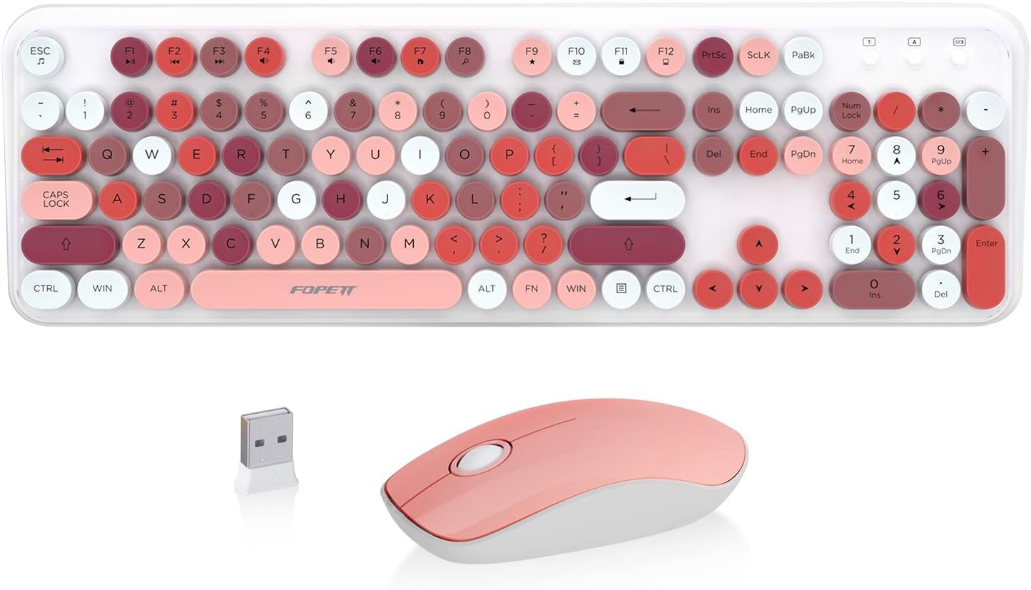 Cute Retro Wireless Keyboard and Mouse Combo with Round Key, 2.4Ghz Dropout-Free Connection, Typewriter Wireless Keyboard and Mouse Set for PC, Laptop, Desktop Computer - Pink Colorful