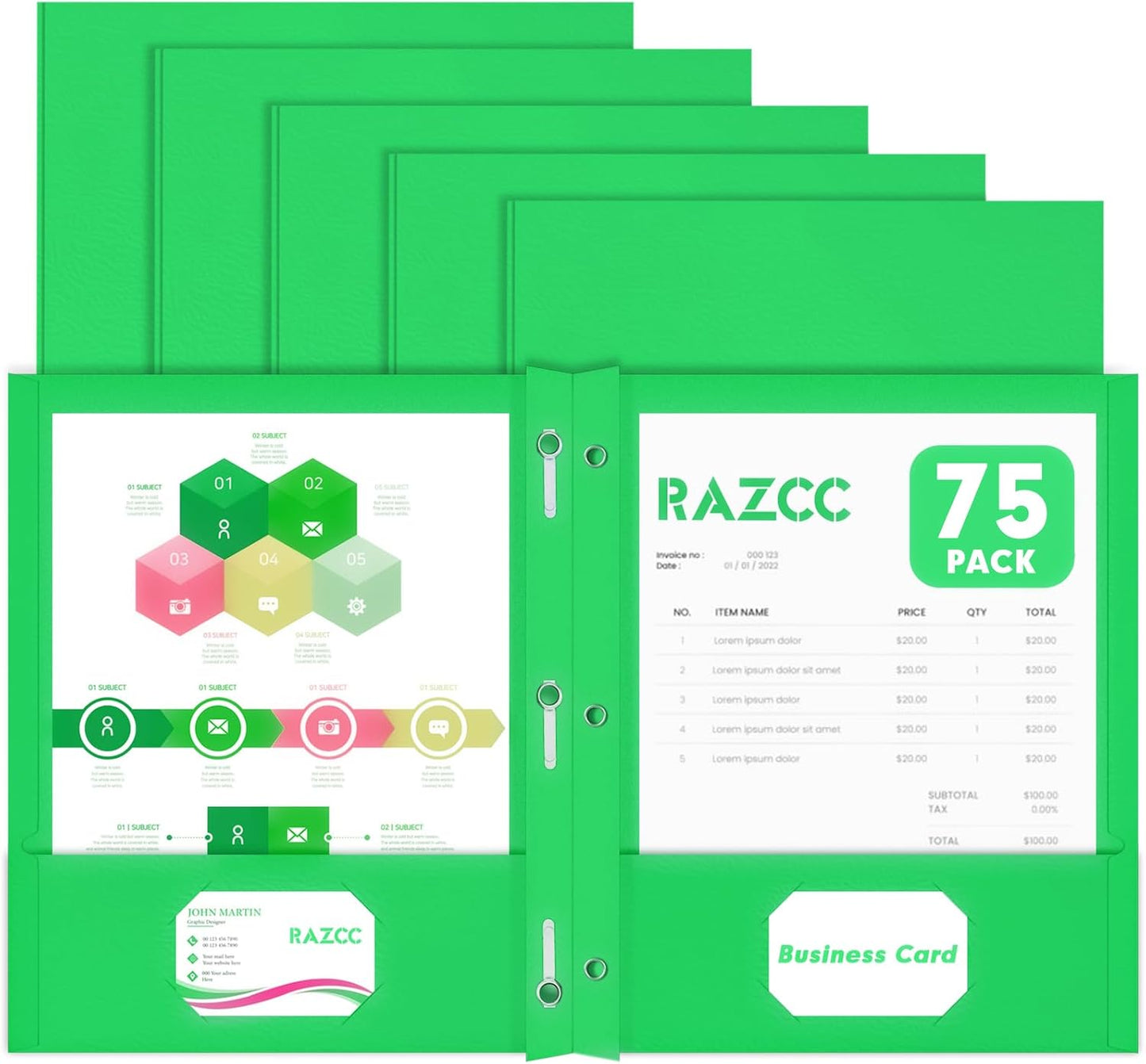 Two Pocket Folders, RAZCC 75 Pack Two Pocket Folders with Prongs, 3 Prong Folders Fit Letter Size Paper, Pocket File Folders for School Office Home Business, Green