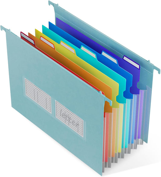 ThinkTex Plastic Expanding Hanging File Folders, 7 Innovative 1.2" Accordion Pockets, Large Capacity, Multi-Color Tabs, Letter Size for Filing Cabinet - Blue