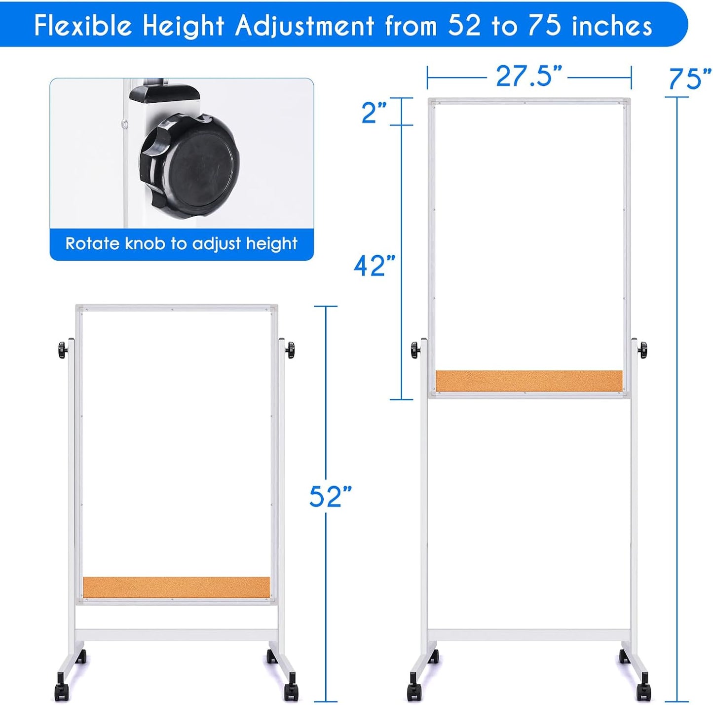 maxtek Rolling White Board, 44x28 Inches Magnetic Cork Board Combo, Portable Double-Sided Dry Erase Board on Wheels, Height Adjutable Easel Board for Home, School, Office