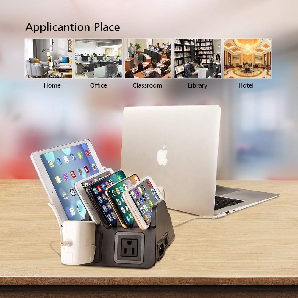 5 USB Ports Charging Station Organizer for Multiple Devices Fast Charging Desktop Stand for Apple Android Phone Tablet 1600W 2 AC Power Outlets Charger Dock for Home Office 3 Prong Cord Black