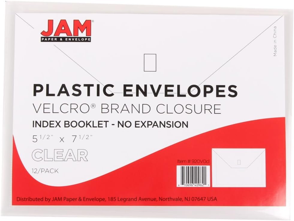 JAM PAPER Plastic Envelopes with Hook & Loop Closure - Index - 5 1/2 x 7 1/2 - Clear - 12/Pack