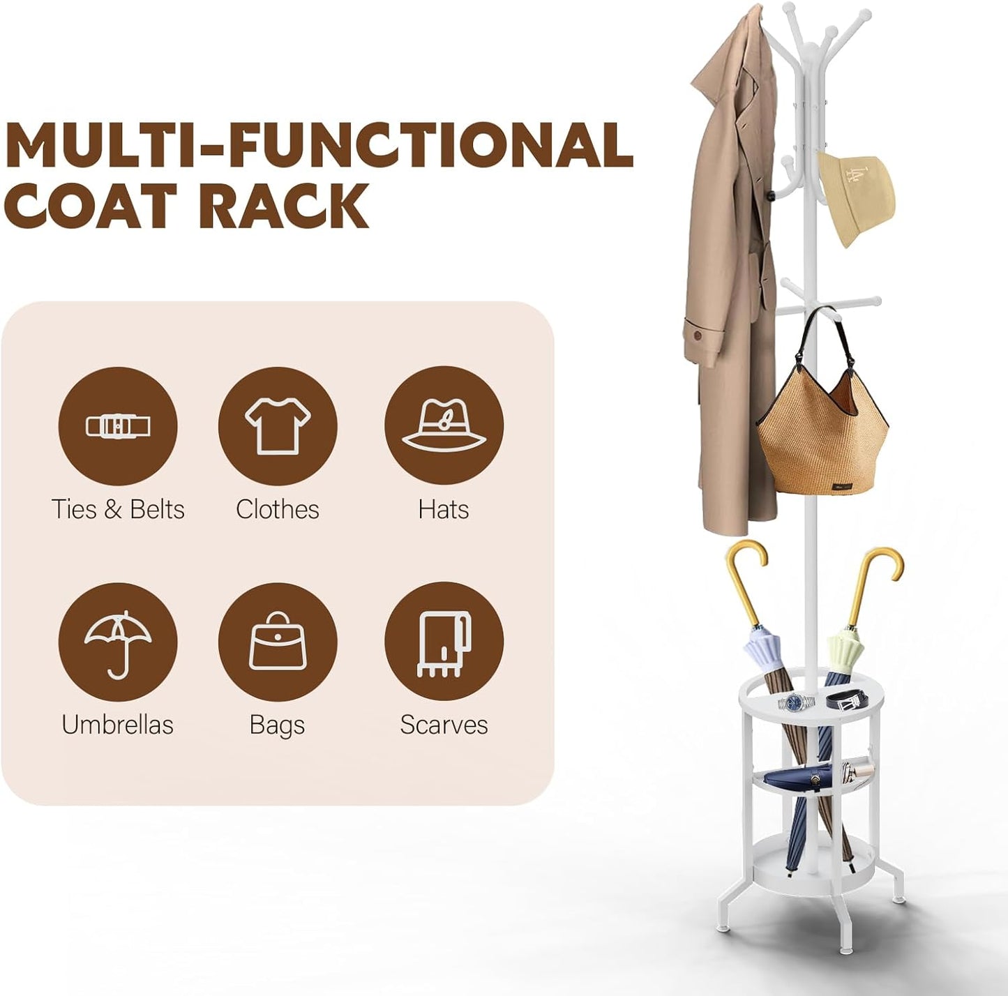 Coat Rack Freestanding, Coat Stand with Umbrella Holder, Metal Coat Tree with 12 Hooks, Coat Hanger Stand for Entryway, Coat Rack Stand for Bedroom, Living Room & Office