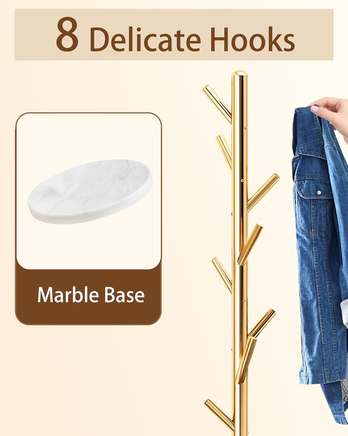 EZIVIEZ Modern Coat Rack Stand, Metal Freestanding Coat Rack with Natural Marble Base, Golden Coat Racks with 8 Hooks and Coat Hanger Tree Jacket Stand for Office, Entryway, Hallway