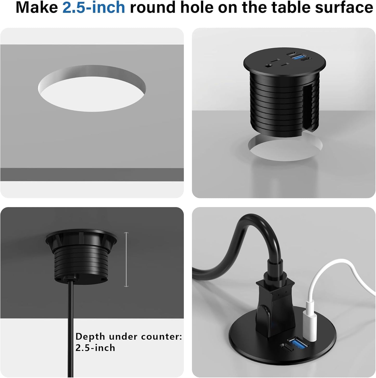 2.5 inch Power Grommet,20W USB-C Charging,1 Outlet with 2 USB C,1 USB Port,Furniture Flush Mount for Desktop,Recessed Power Strip,Workspace Essential Desk Outlet (Black, 10 FT)