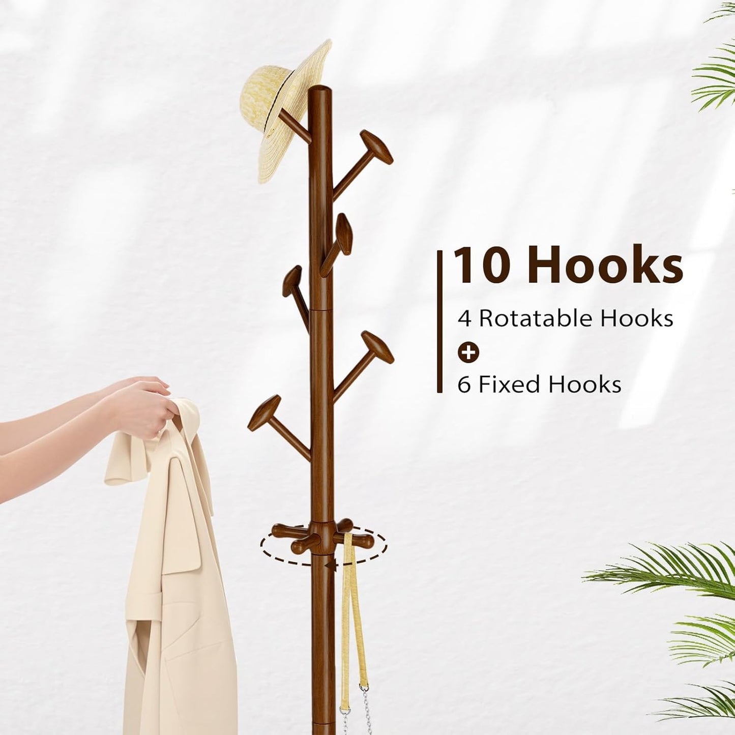 Solid Wood Coat Rack Freestanding Coat Tree with 10 Hooks for Bedroom, Livingroom, Entryway, Sturdy Coat Hanger Stand for Hats, Coats, Scarves, Handbags, Purses
