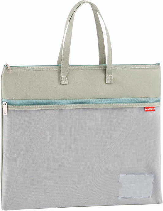 Pendancy Mesh Zipper Pouch A4 Size, Large Double Pocket Waterproof File Bag with Handle, 11x13.8 in Foldable Document Storage for Puzzle Project/Cross Stitch/Travel/Office（Advanced Green）