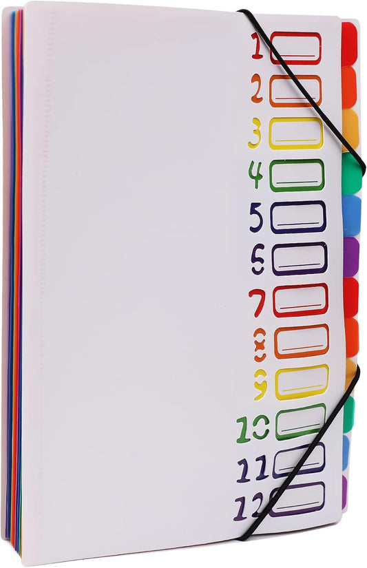 Rainbow Tab Expanding File Folder - 24 Pockets, Durable A4 Letter Size Organizer, Water-Resistant Plastic Dividers, Home/Office/School Document Holder (White）