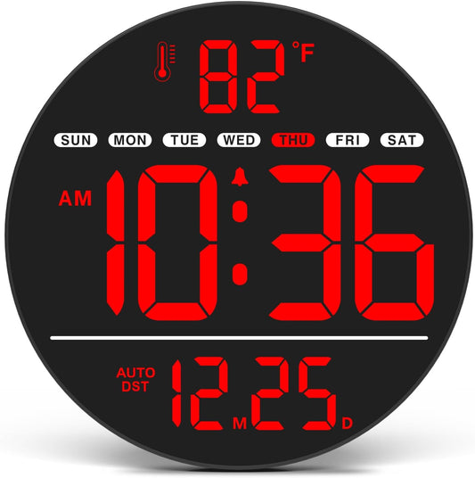 WallarGe Large Digital Wall Clock with LED Display, Electric Wall Clock with Temperature, Auto DST, Date, and Day, 5-Level Brightness for Office, Bedroom, Living Room, Classroom Décor
