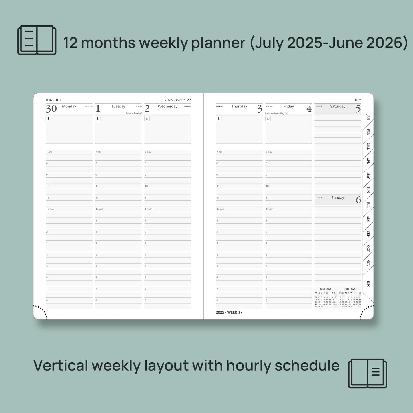 POPRUN Planner 2025-2026 (Medium - 6.5'' x 8.5'') Academic Weekly Calendar (July 2025 - June 2026) with Hourly Time Slots, Monthly Tabs, 100GSM Thick Papers, Leather Soft Cover - Brown