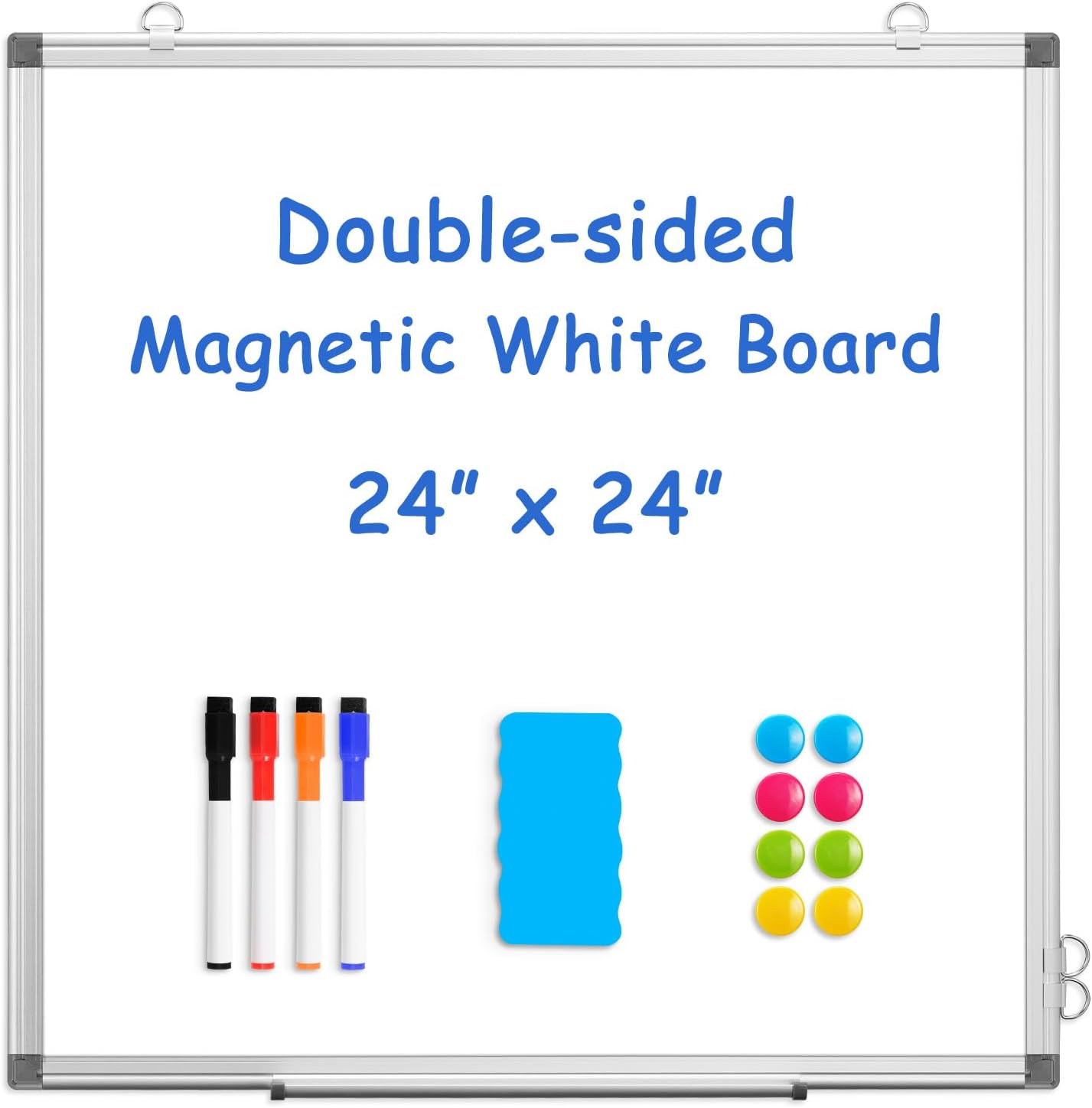 WALGLASS Double-Sided White Board, 24" x 24" Dry Erase Board Magnetic Whiteboard for Wall, Hanging Mounted Whiteboard Silver Aluminium Frame for Home, School, Office, Kitchen