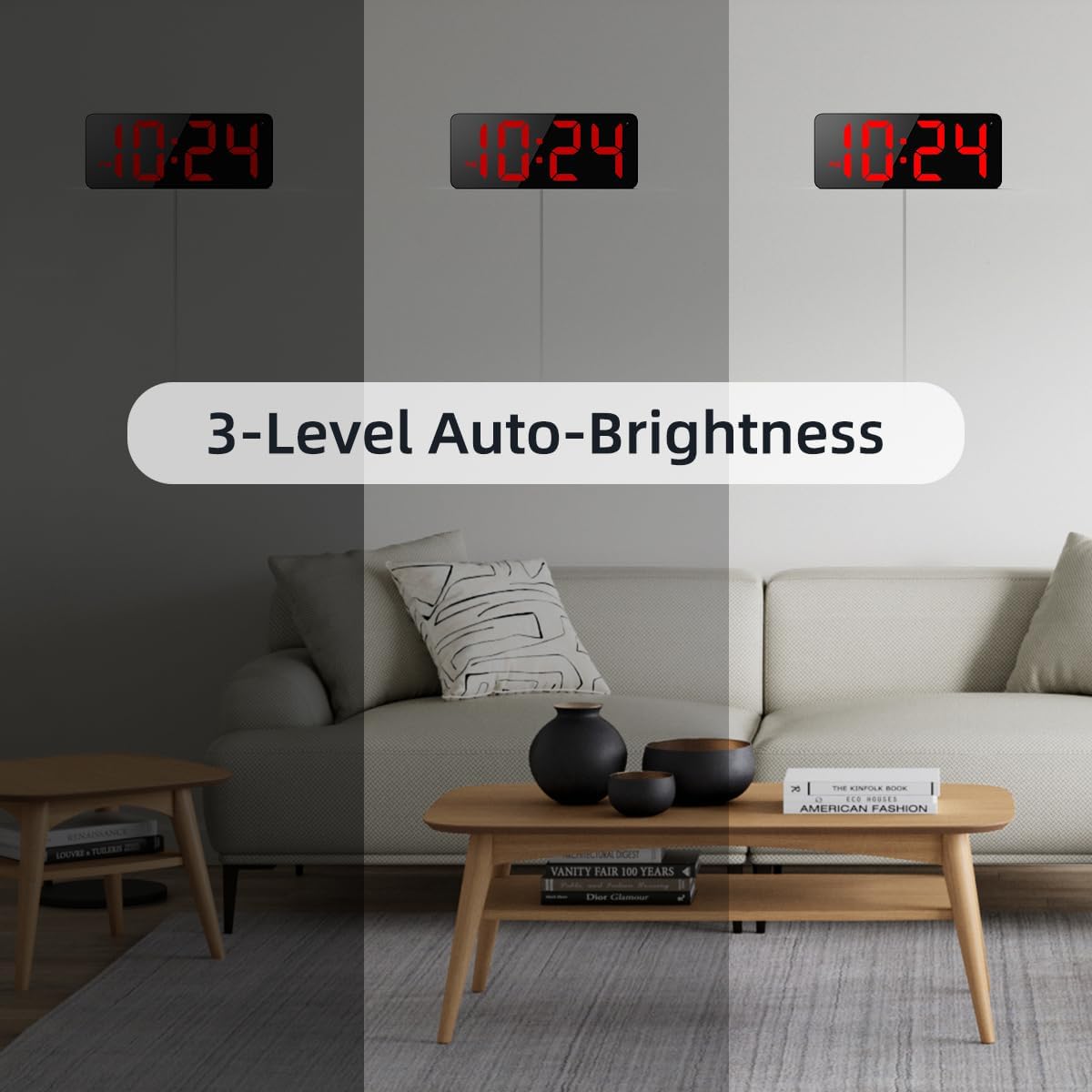 LED Digital Wall Clock with Large Display, Big Digits, Auto-Brightness, 12/24Hr Format, Modern Electric Small Silent Wall Clock for Living Room, Bedroom, Classroom, Farmhouse, Kitchen, Office - Red