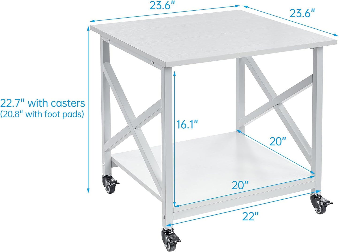 23.6 x 23.6 Inches Large Printer Stand, 2 Tier Square Printer Table with Storage Shelf for Home Office, Multi-use Rolling Cart with Wheels for Laser, 3D Printer and Mini Fridge - White