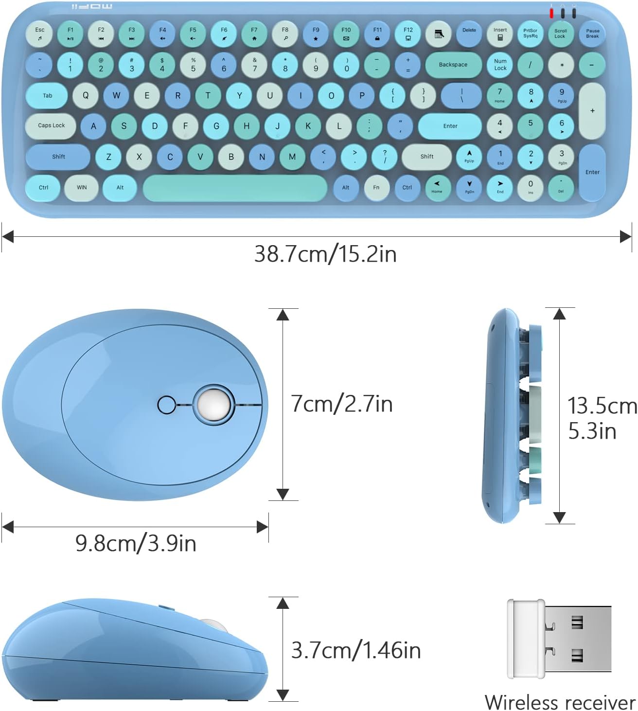 Wireless Keyboard and Mouse Combo, MOWUX - Modern Compact Layout, Colorful Compact Candy Mouse and Retro Round Keyboard Set with Cover, for PC/Laptop/Windows/Mac - Blue Colorful