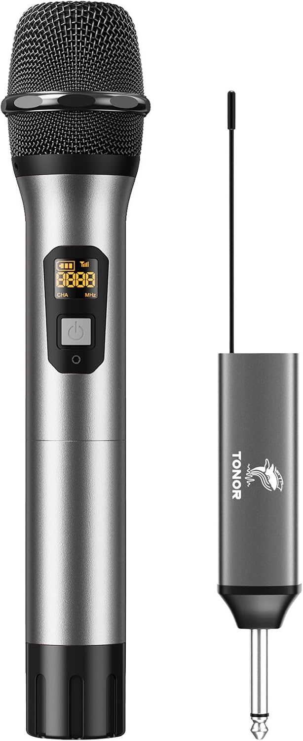 TONOR Wireless Microphone, UHF Metal Cordless Handheld Mic System with Rechargeable Receiver, for Karaoke, Singing, Party, Wedding, DJ, Speech, 200ft (TW620), Silver
