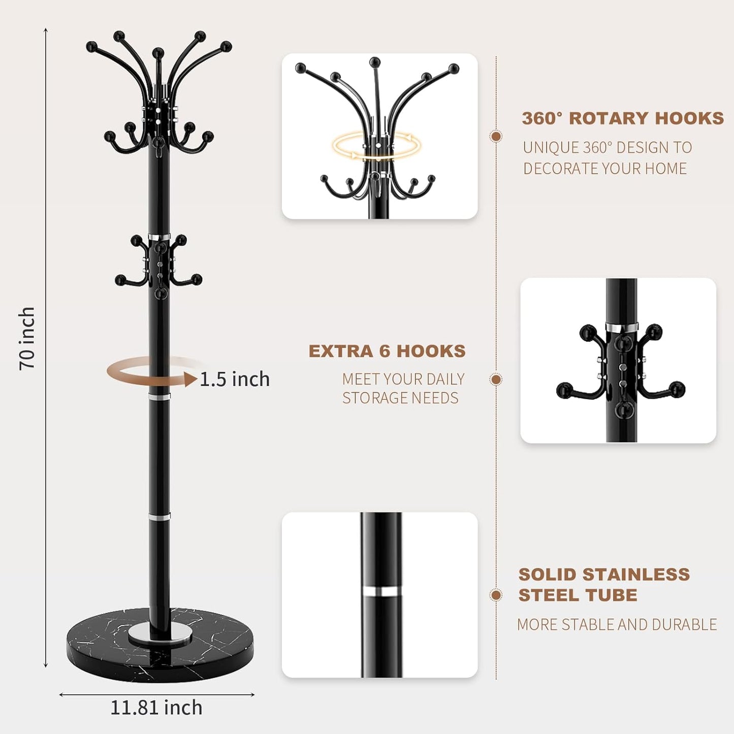 Modern Metal Coat Rack Stand, Coat Rack Freestanding with Natural Marble Base, 360°Rotary Design Sturdy Coat Racks with 16 Hooks, White Coat Hall Tree Stand for Entryway (Black)