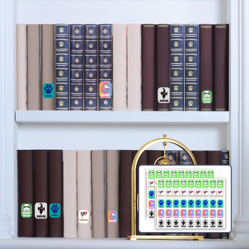 Genre Book Spine Labels for Library | Classroom Library Classification Stickers 450pcs | Science Fiction,Science,Animals,Fantasy,Horror