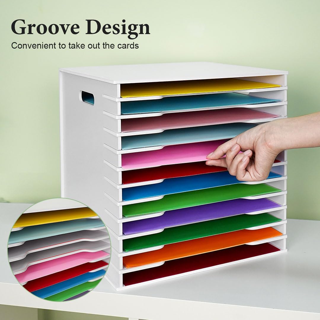 SANFURNEY Scrapbook Paper Organizer for Sizes 12" x 12", 12 Slots File Sorter Storage, Document Holder, Desktop Scrapbook Paper Organizer Rack for Home Office School (White, 12 Slots - Standard Size)