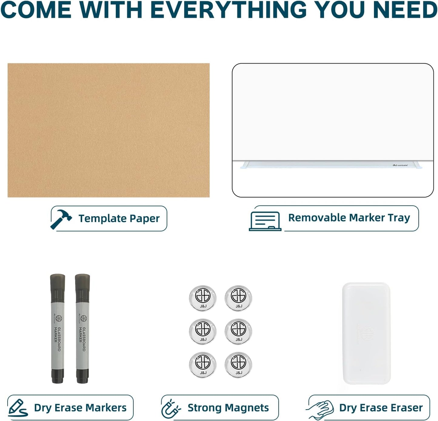 J&J worldwide Glass Whiteboard, Magnetic Brilliance White Glass Dry Erase Board 6' x 4', Includes Markers, Marker Tray, Eraser for Wall, Office, Home, School