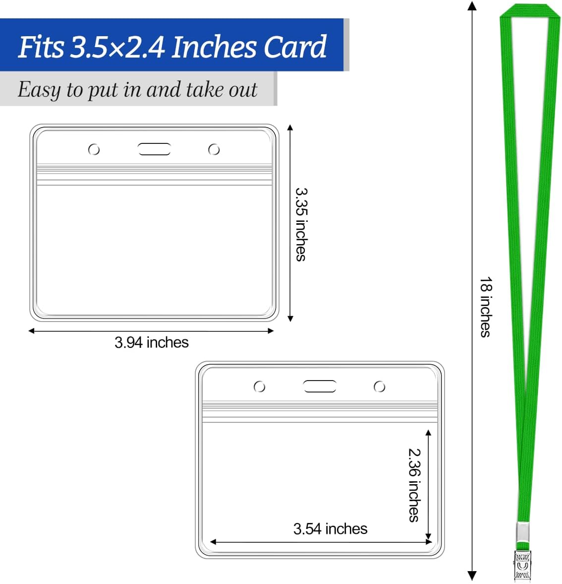 100 Pcs Clear Horizontal Badge ID Card and 100 Pcs Lanyard, Reusable Lanyards for Id Badge Holder Name Tag Badge Holder with Lanyards for Adults Kids Business School Conferences (Green)