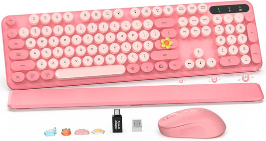 Wireless Keyboard and Mouse Combo - Retro Keyboard with Round Keycaps, Full-Size Typewriter Keyboard with Detachable Wrist Rest, 2.4GHz Connection for Mac/Windows/PC (Baby Pink)
